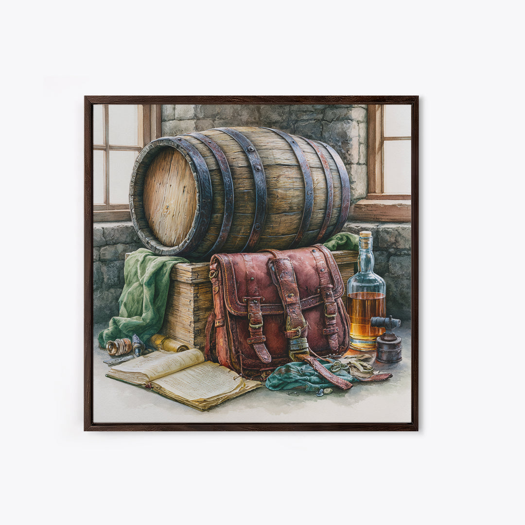Whiskey Barrel and Leather Still Life Canvas Print, Rustic Art, Boho Decor, Farmhouse Decor, Fine Art, Rustic, Art Print, RUS-1x1-91