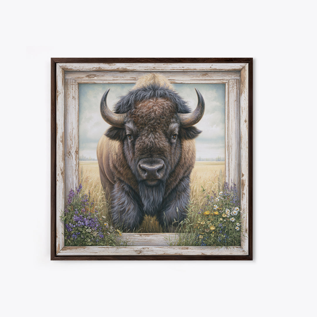 Buffalo Portrait with Western Texture Canvas Print, Rustic Art, Living Room Art, Farmhouse Decor, Fine Art, Rustic, RUS-1x1-94