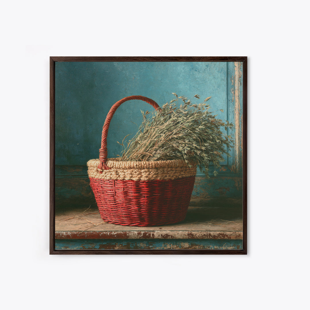 Handwoven Basket with Dried Grasses Framed Canvas Print, Rustic Art, Digital Prints, Farmhouse Decor, Fine Art, Rustic, RUS-1x1-96