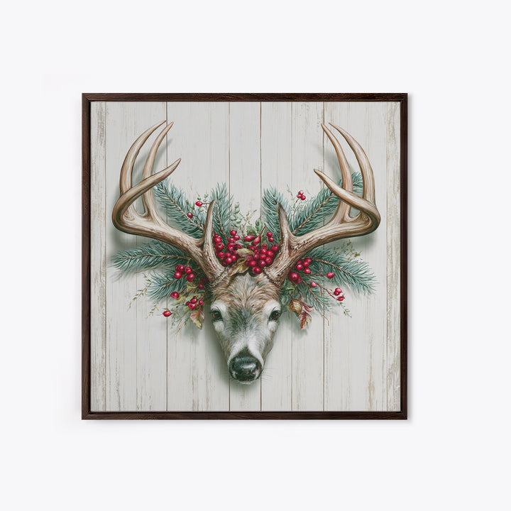 Deer Antlers with Pine Branches and Berries Canvas Print, Rustic Art, Statement Artwork, Farmhouse Decor, Fine Art, Rustic, RUS-1x1-98
