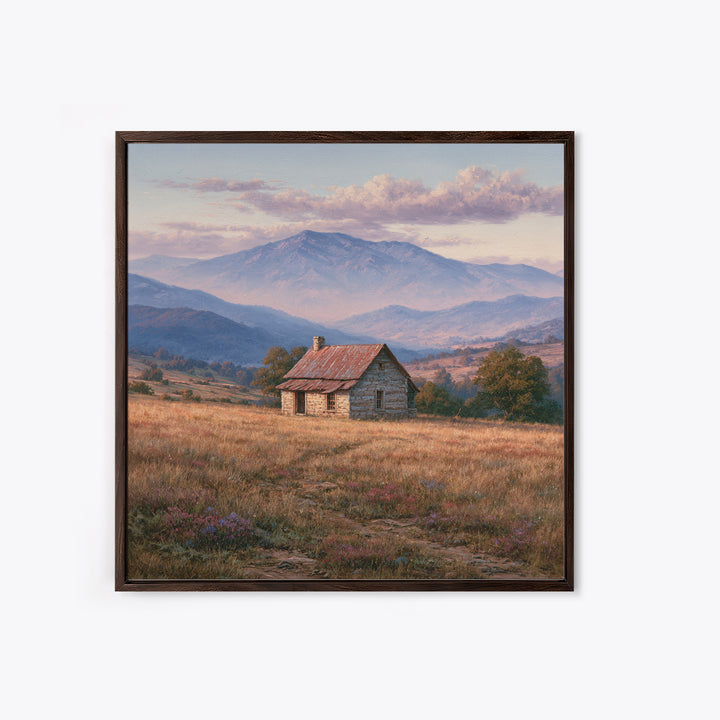 Mountain Cabin Landscape Canvas Print, Rustic Art, Wall Art, Farmhouse Decor, Oil Painting, Rustic, Living Room Decor, RUS-1x1-99