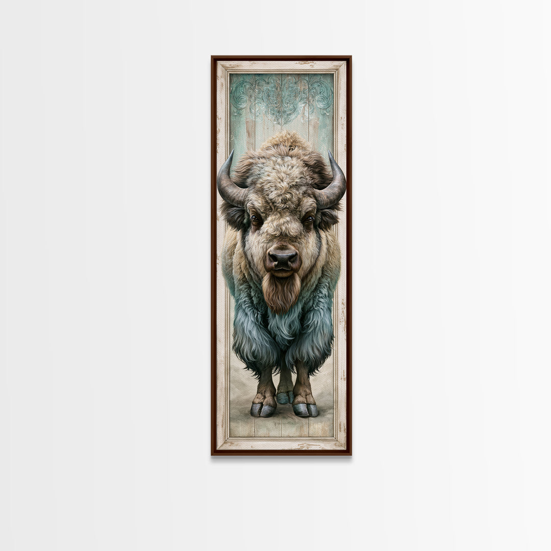 Buffalo Portrait with Western Texture Canvas Print, Rustic Art, Wood Art, Farmhouse Decor, Oil Painting, Rustic, Wall Decor, RUS-1x3-10