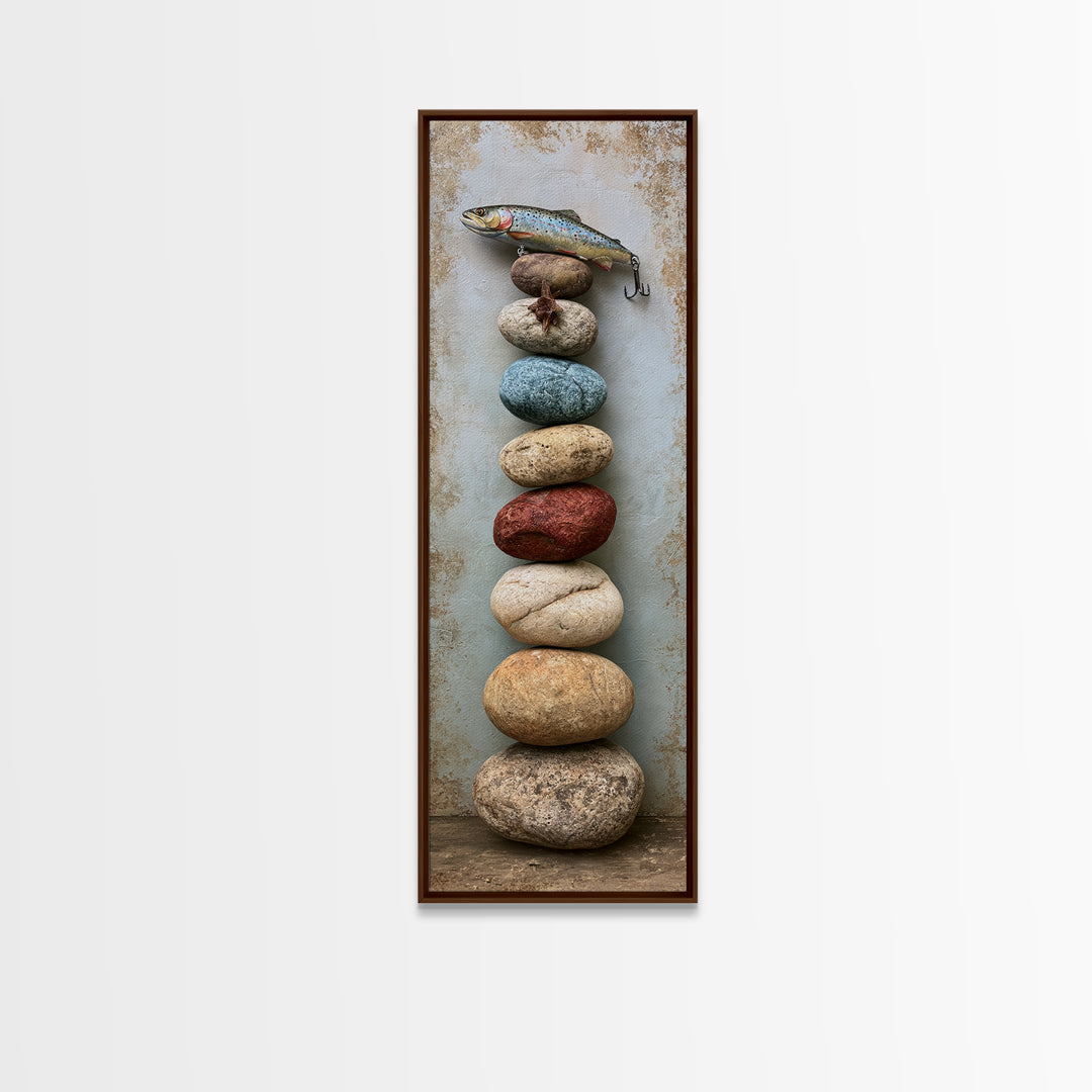 Trout Fishing Lure and River Stones Canvas Print, Rustic Art, Farmhouse Wall Art, Farmhouse Decor, Rustic, Statement Artwork, RUS-1x3-2