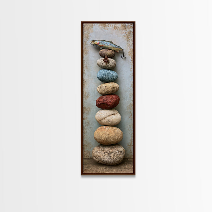 Trout Fishing Lure and River Stones Canvas Print, Rustic Art, Farmhouse Wall Art, Farmhouse Decor, Rustic, Statement Artwork, RUS-1x3-2