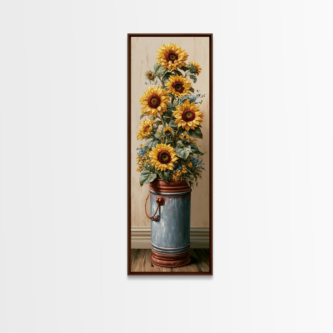 Sunflowers in a Metal Bucket Framed Canvas Print, Rustic Art, Luxury Decor, Farmhouse Decor, Oil Painting, Rustic, RUS-1x3-24