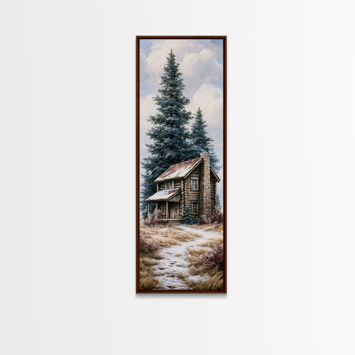 Log Cabin with Snowy Pines Canvas Print, Rustic Art, Digital Prints, Farmhouse Decor, Oil Painting, Rustic, 3d Wall Art, RUS-1x3-27