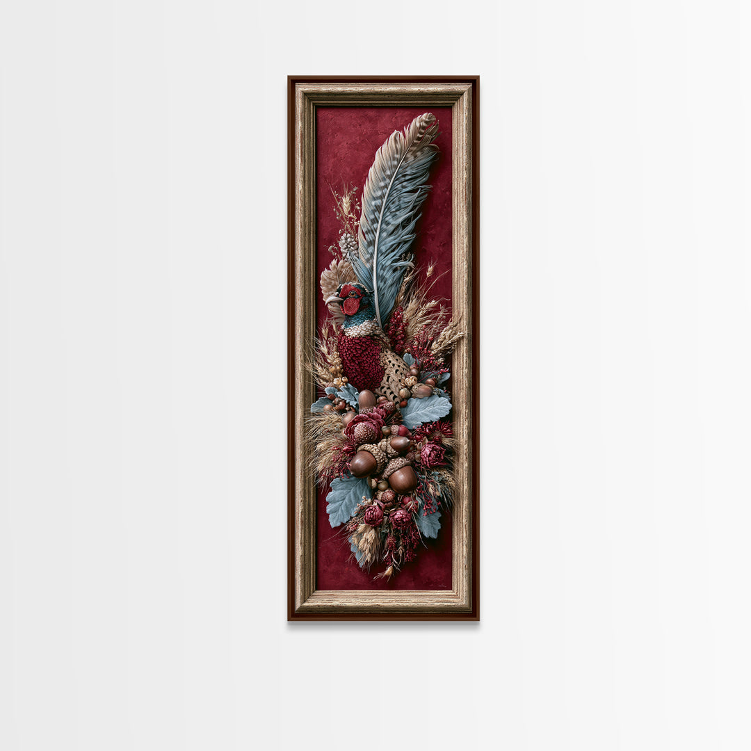 Pheasant Feathers and Acorns Arrangement Canvas Print, Rustic Art, Room Decor, Farmhouse Decor, Fine Art, Rustic, Oil Painting, RUS-1x3-28