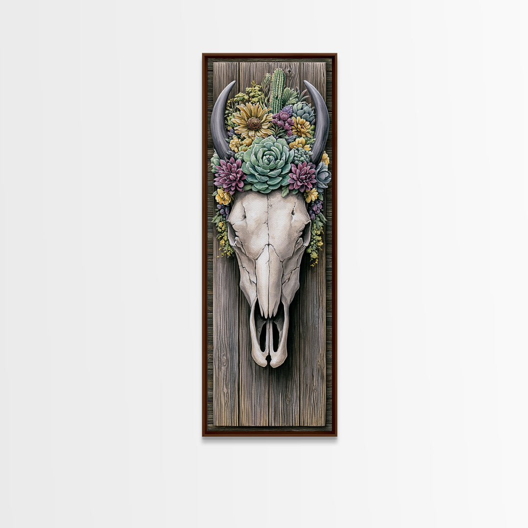 Cow Skull with Desert Flowers Framed Canvas Print, Rustic Art, Neutral Decor, Farmhouse Decor, Fine Art, Rustic, Home Decor, RUS-1x3-29
