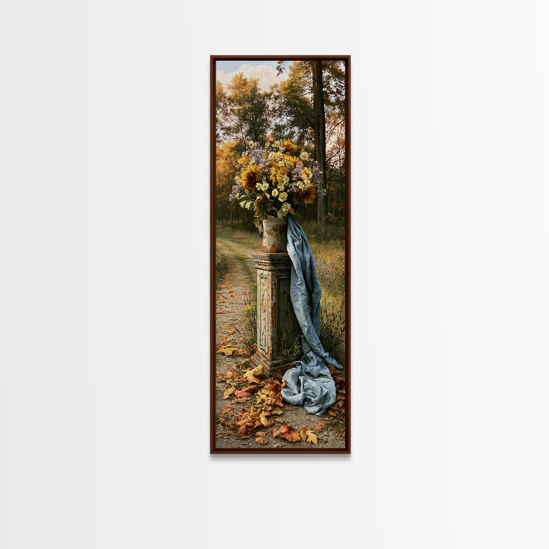 Forest Path with Golden Autumn Leaves Framed Canvas Print, Rustic Art, Portrait Painting, Farmhouse Decor, Fine Art, Rustic, RUS-1x3-30