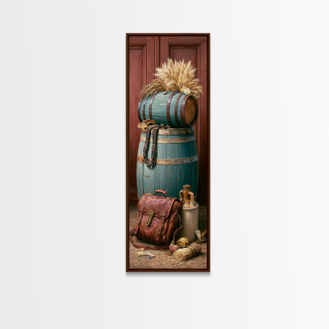 Whiskey Barrel and Leather Still Life Framed Canvas Print, Rustic Art, Art Print, Farmhouse Decor, Watercolor Art, Rustic, RUS-1x3-31
