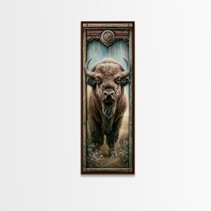 Buffalo Portrait with Western Texture Framed Canvas Print, Rustic Art, Gallery Wall Art, Farmhouse Decor, Fine Art, Rustic, RUS-1x3-34