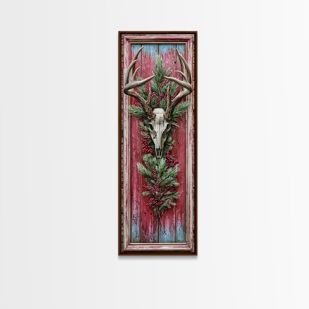 Deer Antlers with Pine Branches and Berries Canvas Print, Rustic Art, Landscape Wall Art, Farmhouse Decor, Fine Art, Rustic, RUS-1x3-38