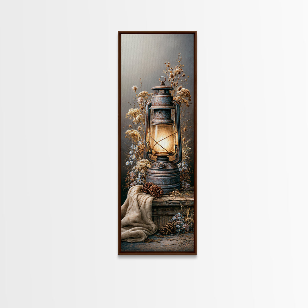 Rustic Lantern Glowing Beside Pinecones Canvas Print, Rustic Art, Digital Prints, Farmhouse Decor, Rustic, 3d Wall Art, RUS-1x3-40