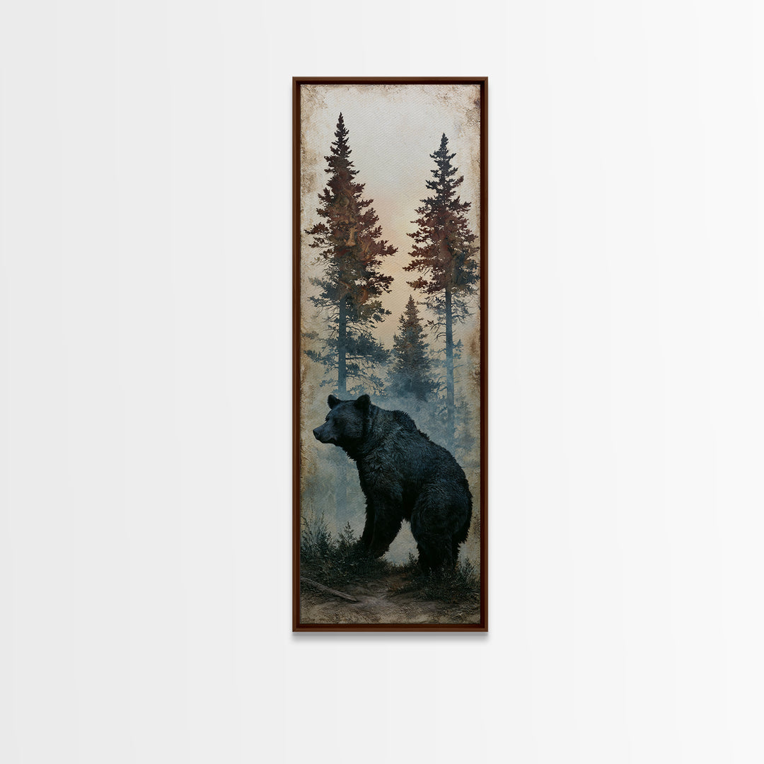 Bear Silhouette Among Pine Trees Canvas Print, Rustic Art, Oil Painting, Farmhouse Decor, Fine Art, Rustic, Modern Art, RUS-1x3-43