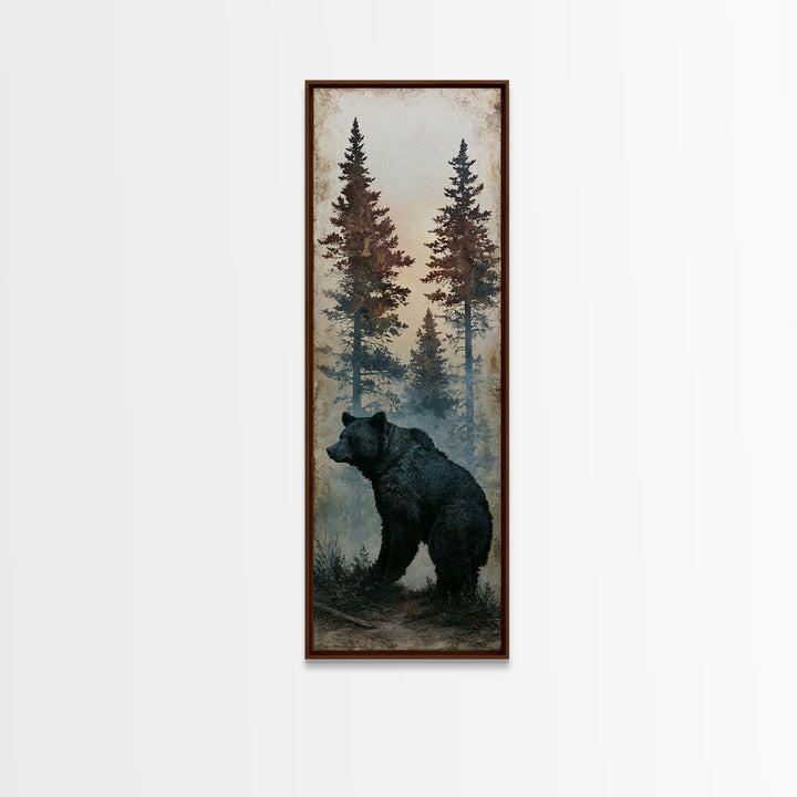 Bear Silhouette Among Pine Trees Canvas Print, Rustic Art, Oil Painting, Farmhouse Decor, Fine Art, Rustic, Modern Art, RUS-1x3-43