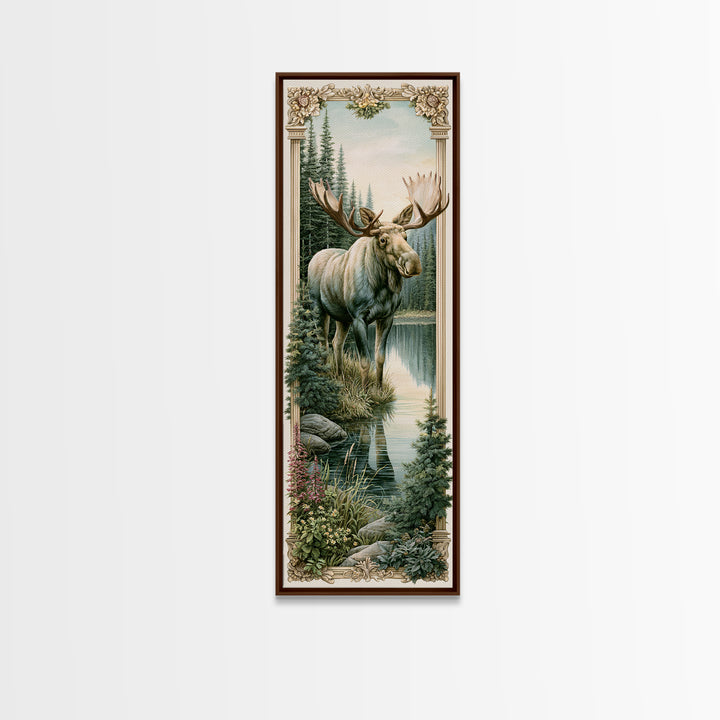 Moose Standing by a Quiet Lake Framed Canvas Print, Rustic Art, Boho Decor, Farmhouse Decor, Fine Art, Rustic, Art Print, RUS-1x3-45