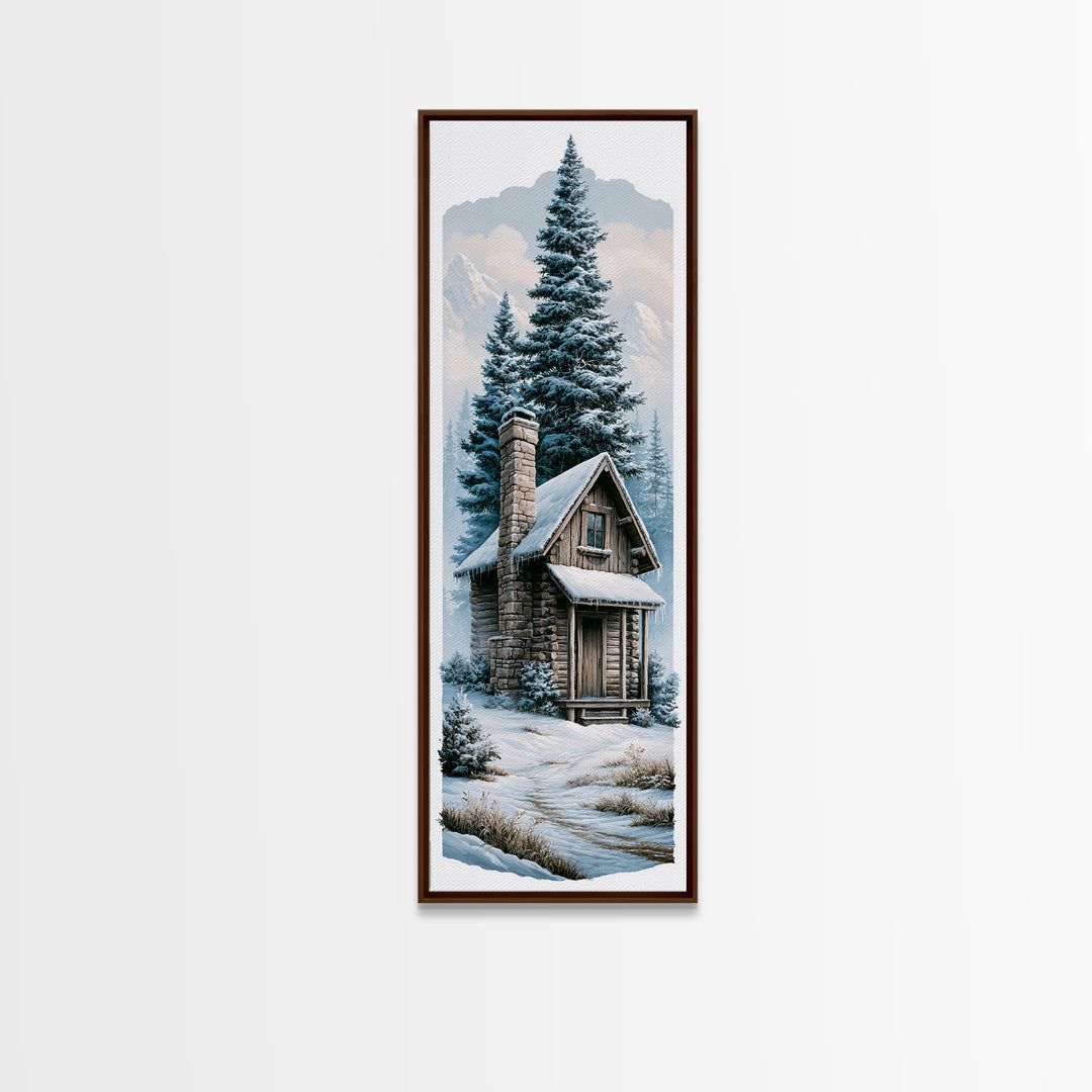 Log Cabin with Snowy Pines Canvas Print, Rustic Art, Boho Wall Art, Farmhouse Decor, Abstract Art, Rustic, Downloadable Art, RUS-1x3-51