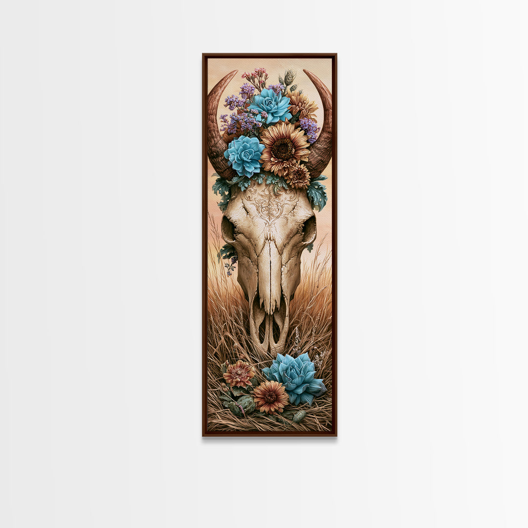 Cow Skull with Desert Flowers Framed Canvas Print, Rustic Art, Neutral Decor, Farmhouse Decor, Fine Art, Rustic, Home Decor, RUS-1x3-53