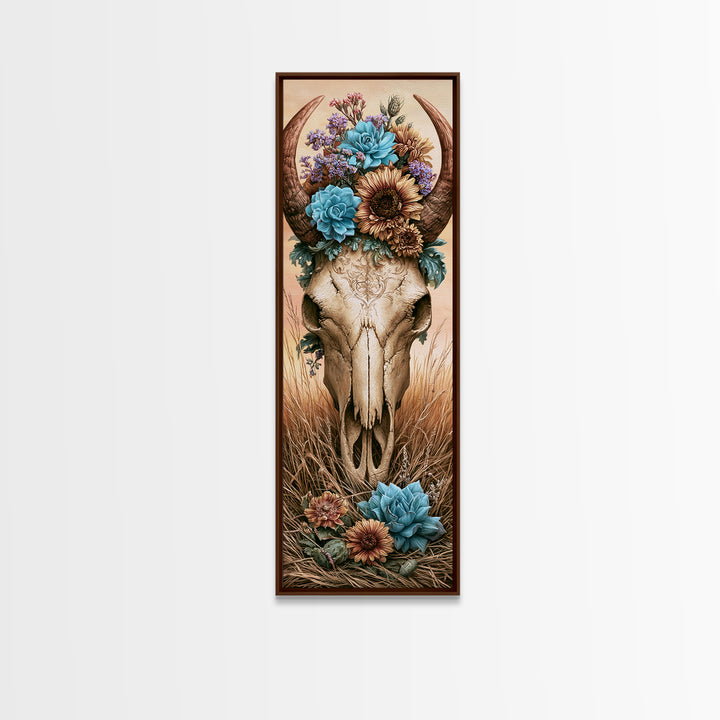Cow Skull with Desert Flowers Framed Canvas Print, Rustic Art, Neutral Decor, Farmhouse Decor, Fine Art, Rustic, Home Decor, RUS-1x3-53