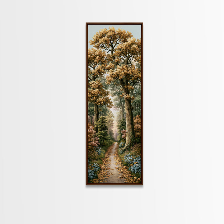 Forest Path with Golden Autumn Leaves Framed Canvas Print, Rustic Art, Portrait Painting, Farmhouse Decor, Fine Art, Rustic, RUS-1x3-54
