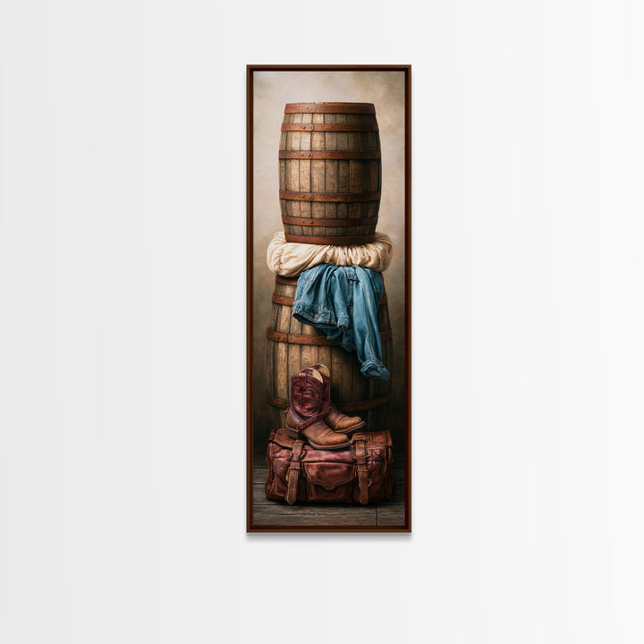 Whiskey Barrel and Leather Still Life Canvas Print, Rustic Art, Printable Art, Farmhouse Decor, Oil Painting, Rustic, RUS-1x3-55
