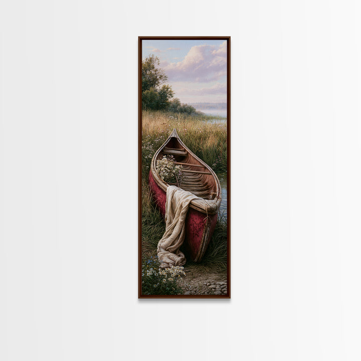 Old Canoe Pulled Onto a Lake Shore Canvas Print, Rustic Art, Oil Painting, Farmhouse Decor, Fine Art, Rustic, Modern Art, RUS-1x3-56