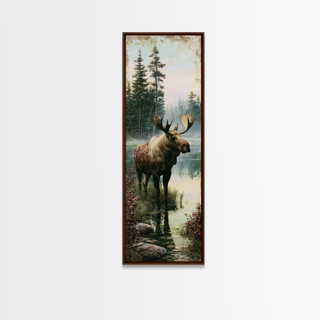 Moose Standing by a Quiet Lake Framed Canvas Print, Rustic Art, Boho Decor, Farmhouse Decor, Fine Art, Rustic, Art Print, RUS-1x3-69
