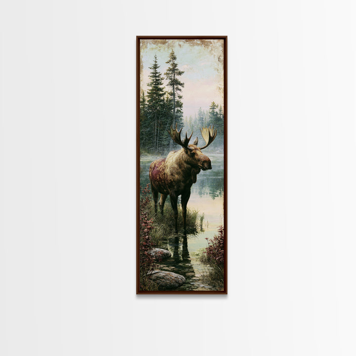Moose Standing by a Quiet Lake Framed Canvas Print, Rustic Art, Boho Decor, Farmhouse Decor, Fine Art, Rustic, Art Print, RUS-1x3-69