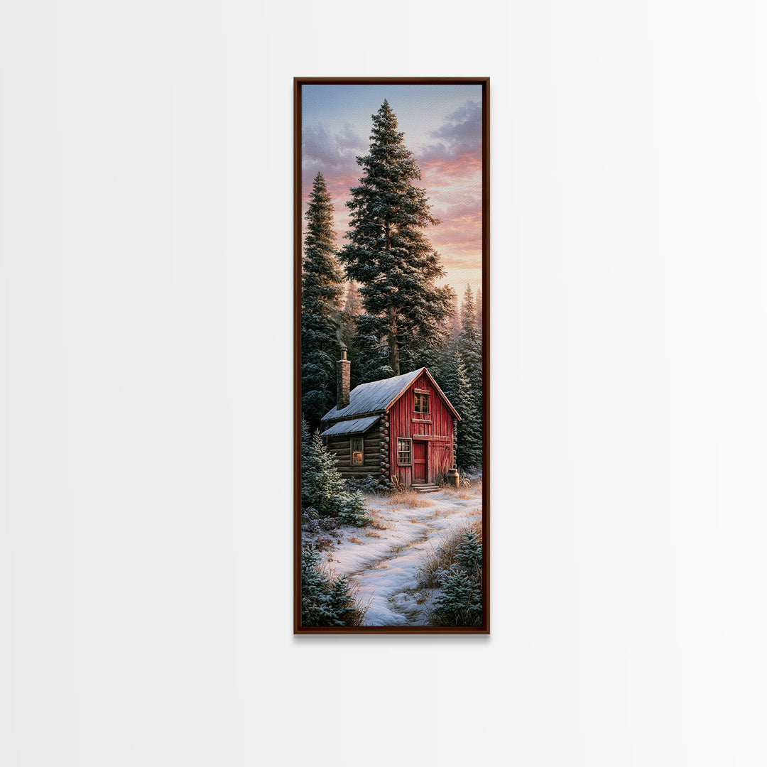 Log Cabin with Snowy Pines Framed Canvas Print, Rustic Art, Landscape Painting, Farmhouse Decor, Fine Art, Rustic, Modern Decor, RUS-1x3-75