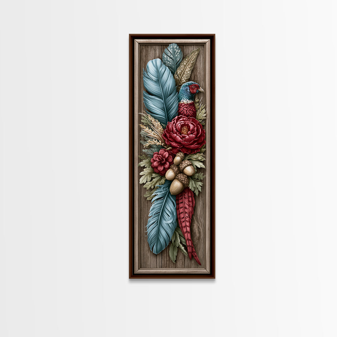 Pheasant Feathers and Acorns Arrangement Framed Canvas Print, Rustic Art, Farmhouse Decor, Oil Painting, Rustic, RUS-1x3-76