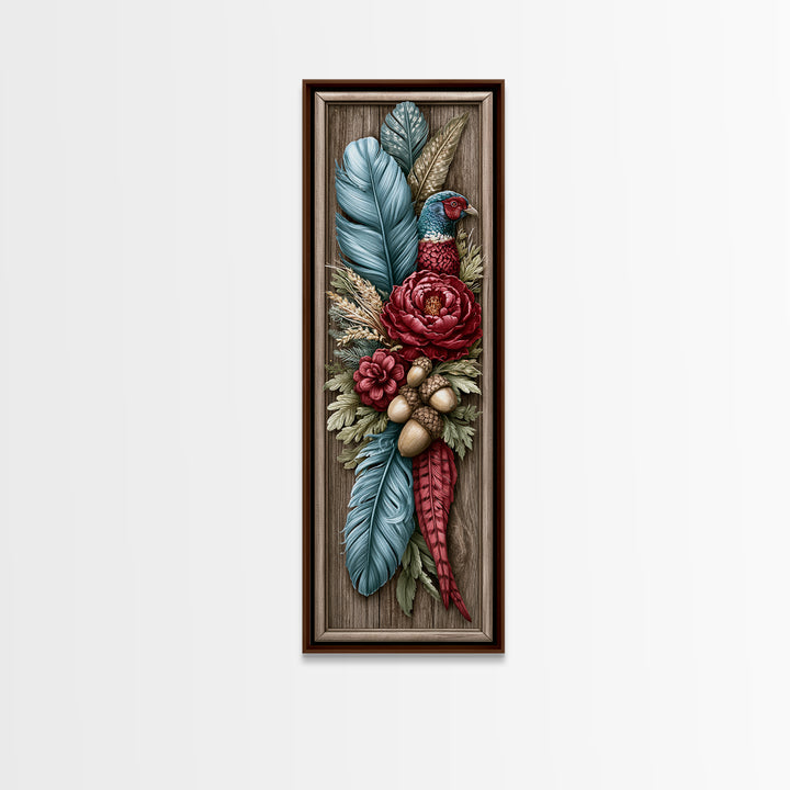 Pheasant Feathers and Acorns Arrangement Framed Canvas Print, Rustic Art, Farmhouse Decor, Oil Painting, Rustic, RUS-1x3-76