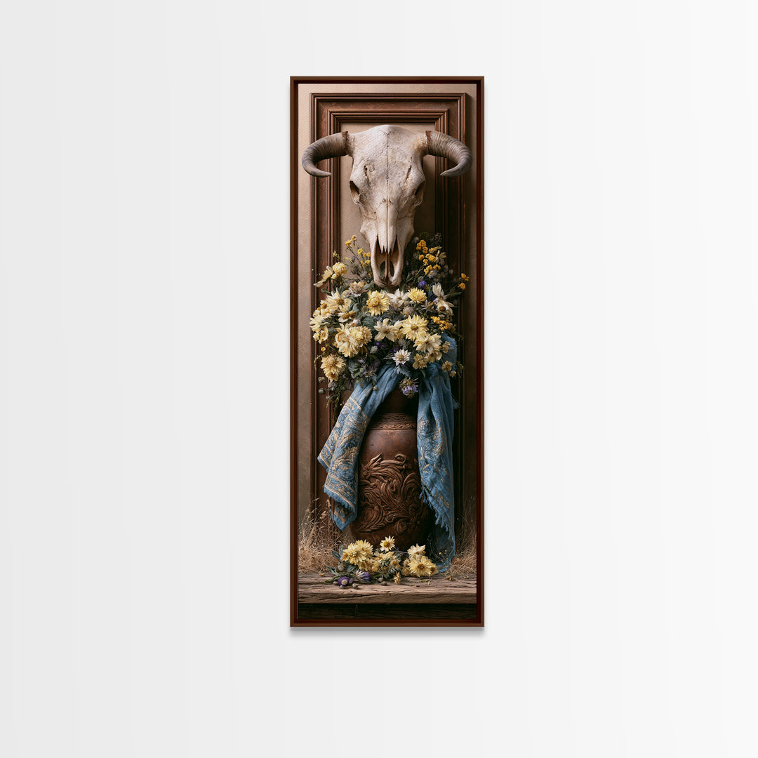 Cow Skull with Desert Flowers Canvas Print, Rustic Art, Luxury Decor, Farmhouse Decor, Fine Art, Rustic, Printable Wall Art, RUS-1x3-77