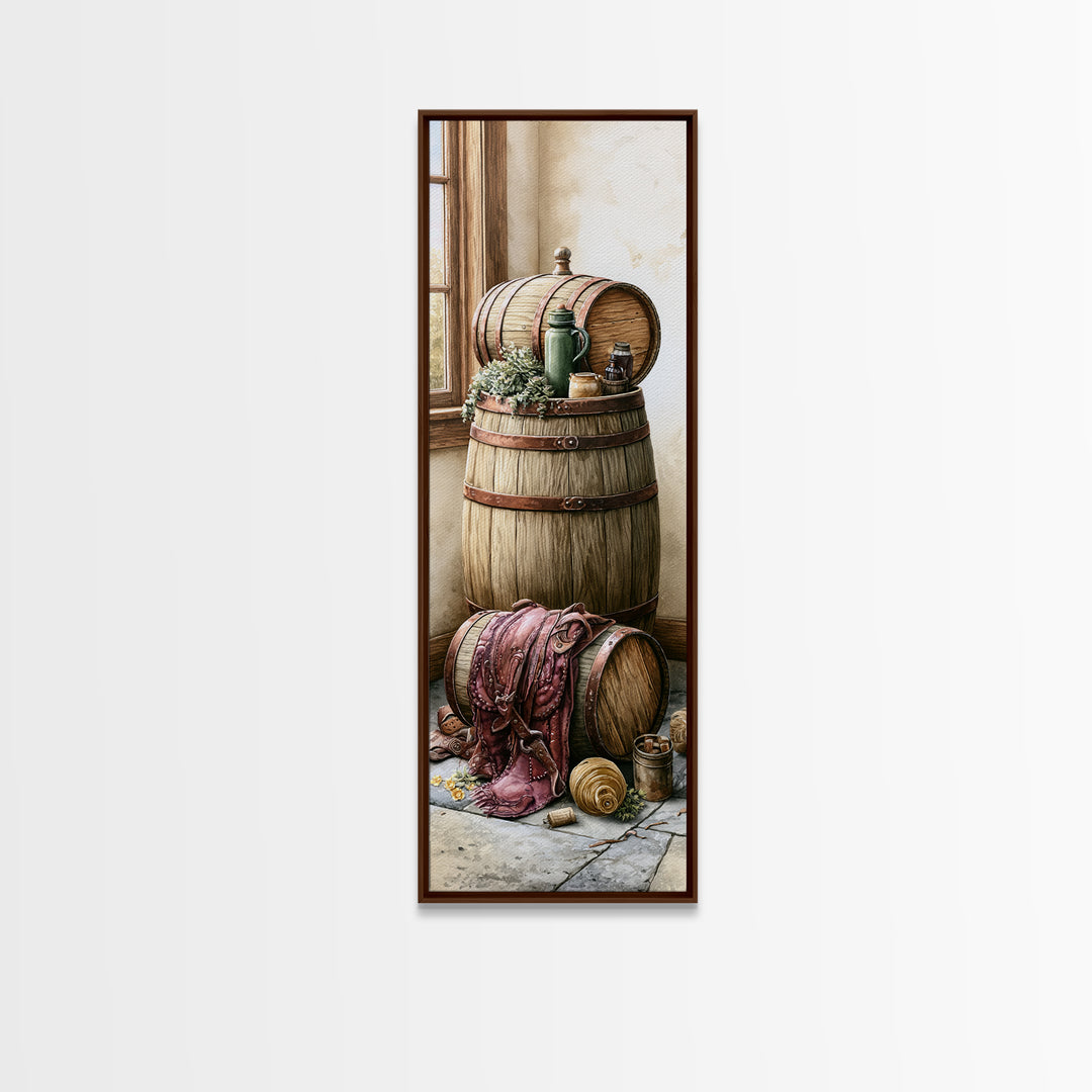 Whiskey Barrel and Leather Still Life Framed Canvas Print, Rustic Art, 3d Wall Art, Farmhouse Decor, Fine Art, Rustic, RUS-1x3-79
