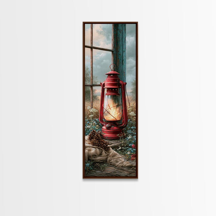 Rustic Lantern Glowing Beside Pinecones Canvas Print, Rustic Art, Boho Wall Art, Farmhouse Decor, Rustic, Downloadable Art, RUS-1x3-88