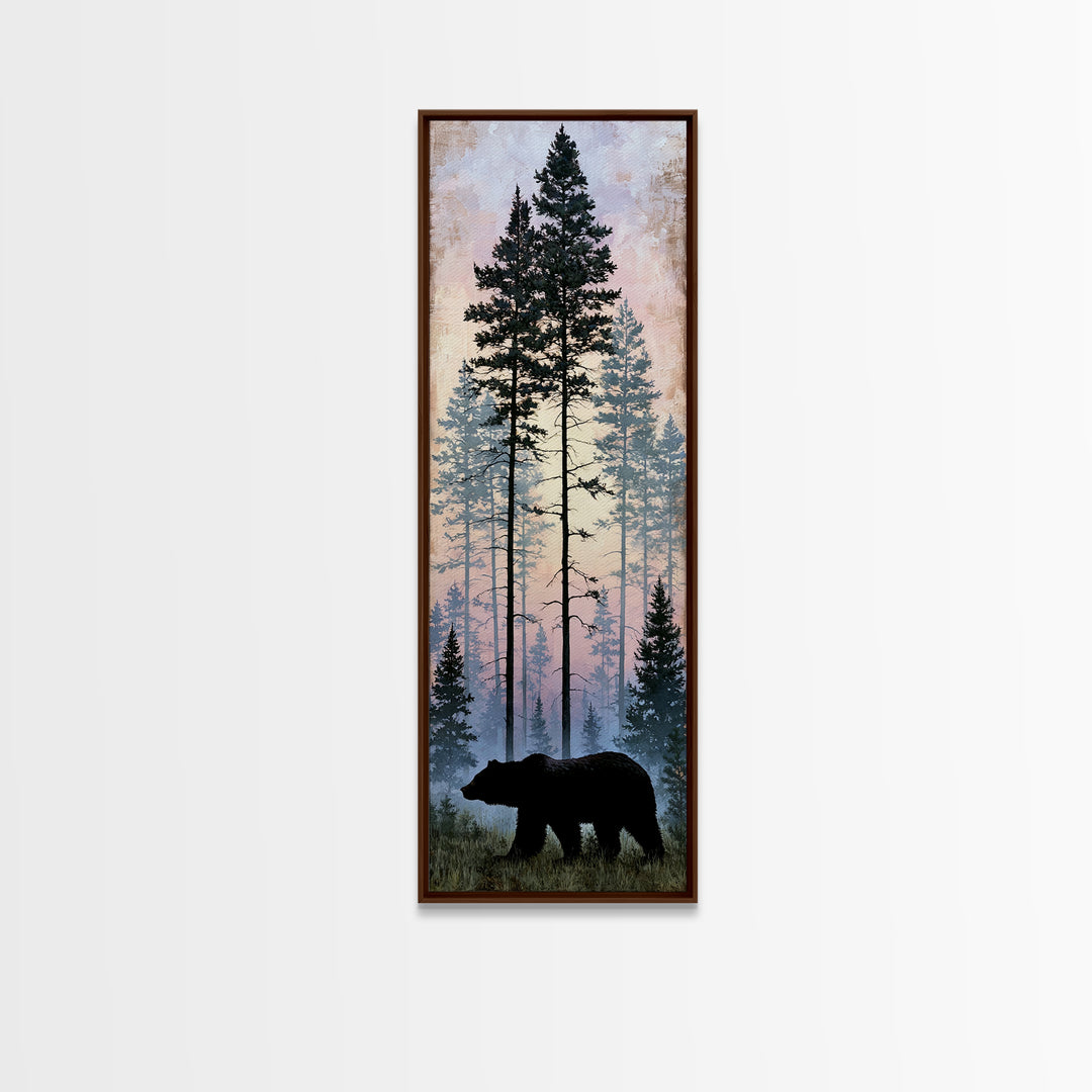 Bear Silhouette Among Pine Trees Framed Canvas Print, Rustic Art, Gallery Wall Art, Farmhouse Decor, Oil Painting, Rustic, RUS-1x3-91