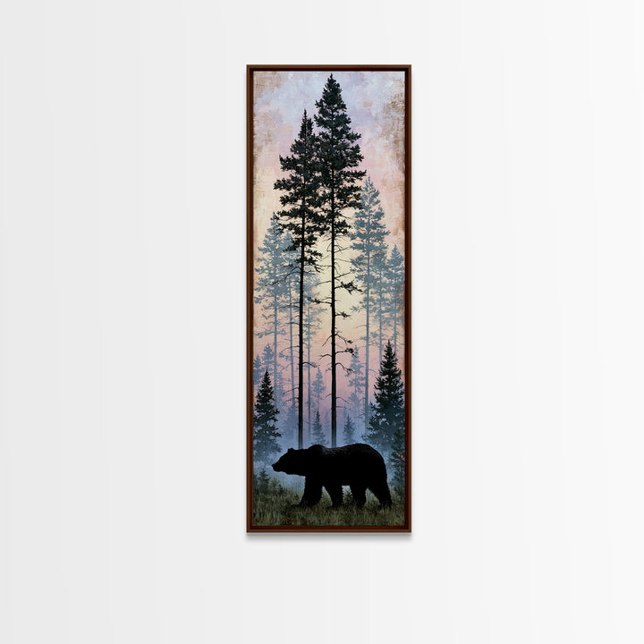 Bear Silhouette Among Pine Trees Framed Canvas Print, Rustic Art, Gallery Wall Art, Farmhouse Decor, Oil Painting, Rustic, RUS-1x3-91