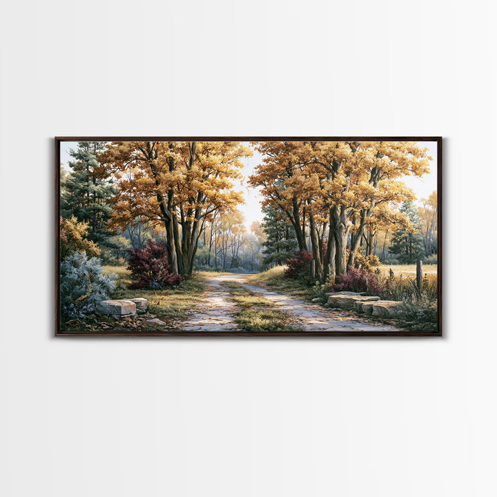 Forest Path with Golden Autumn Leaves Framed Canvas Print, Rustic Art, Modern Decor, Farmhouse Decor, Fine Art, Rustic, RUS-2x1-14