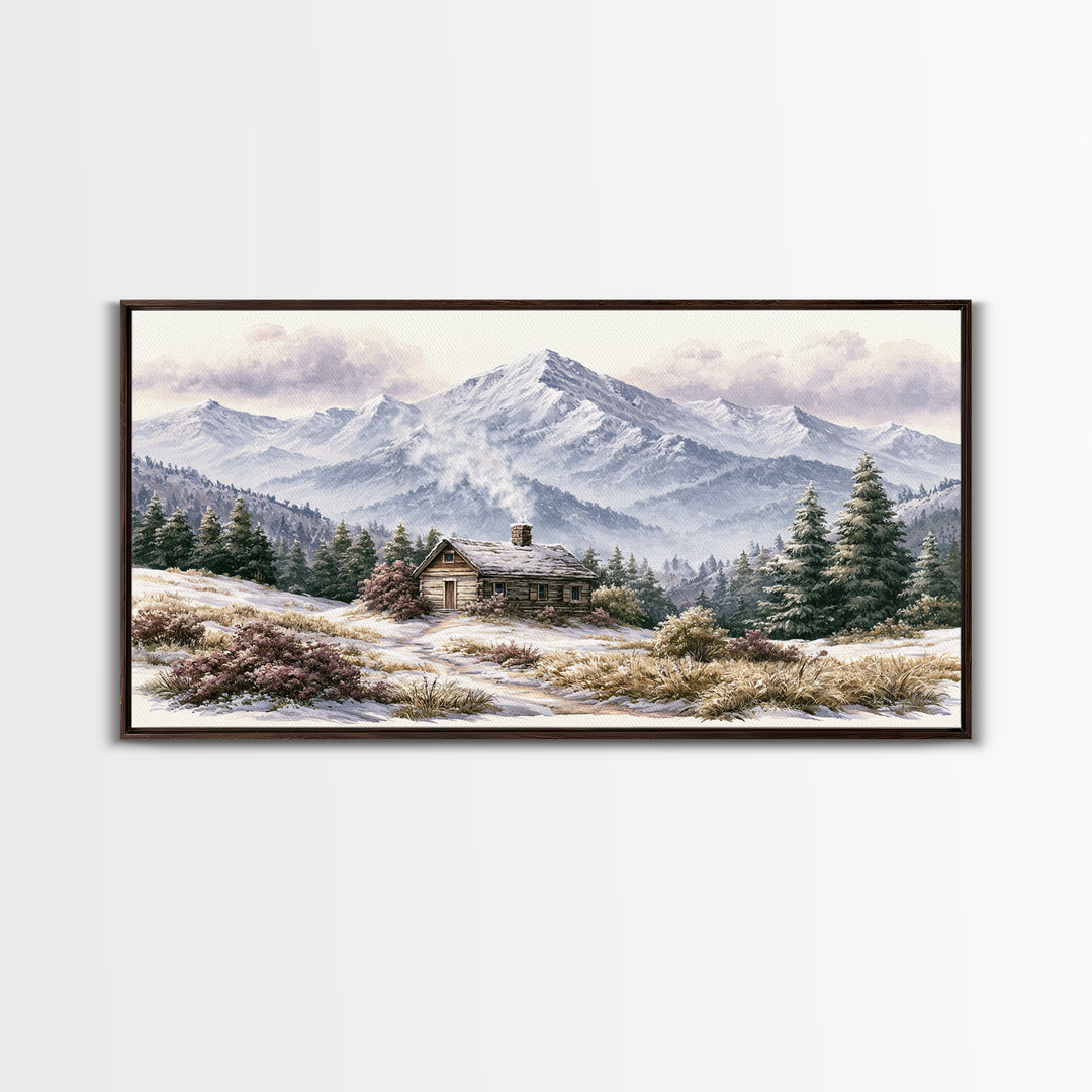 Winter Mountain Scene Framed Canvas Print, Rustic Art, Landscape Wall Art, Farmhouse Decor, Fine Art, Rustic, Luxury Decor, RUS-2x1-19