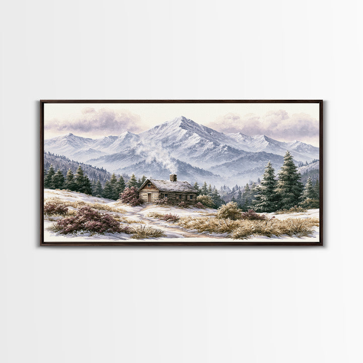 Winter Mountain Scene Framed Canvas Print, Rustic Art, Landscape Wall Art, Farmhouse Decor, Fine Art, Rustic, Luxury Decor, RUS-2x1-19