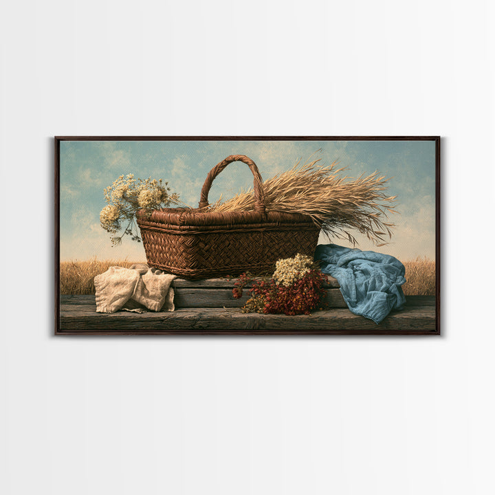 Handwoven Basket with Dried Grasses Framed Canvas Print, Rustic Art, Fine Art Print, Farmhouse Decor, Fine Art, Rustic, RUS-2x1-20