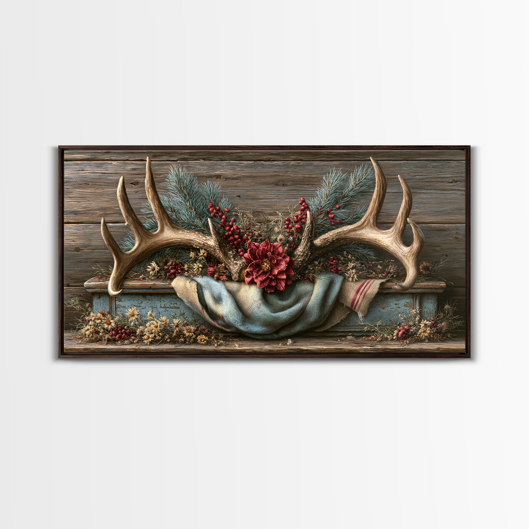 Deer Antlers with Pine Branches and Berries Canvas Print, Rustic Art, Statement Artwork, Farmhouse Decor, Fine Art, Rustic, RUS-2x1-22