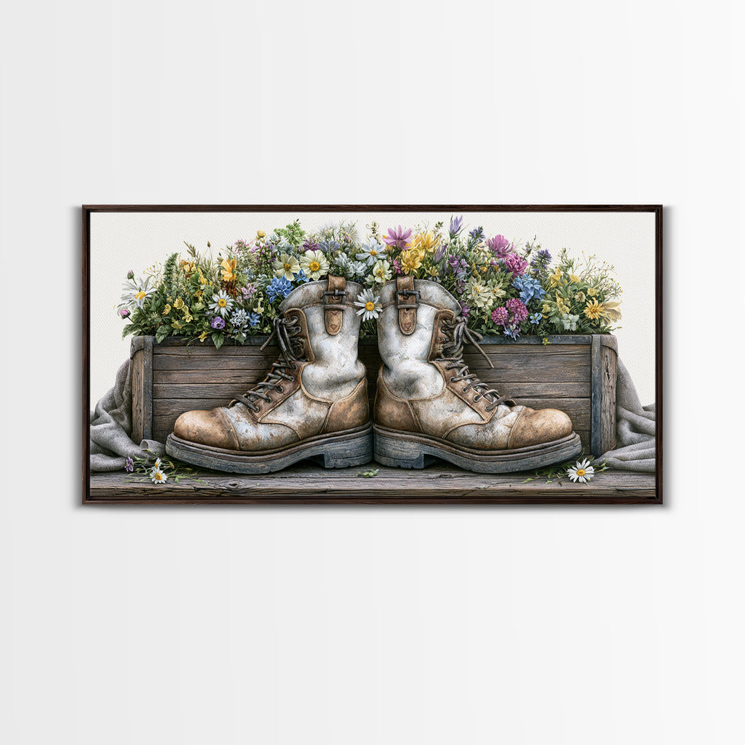 Old Boots Filled Canvas Print, Rustic Art, Boho Decor, Farmhouse Decor, Fine Art, Rustic, Art Print, Digital Art, RUS-2x1-26