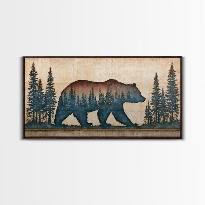 Bear Silhouette Among Pine Trees Framed Canvas Print, Rustic Art, Modern Decor, Farmhouse Decor, Oil Painting, Rustic, RUS-2x1-27