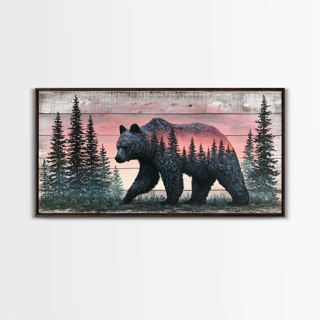 Bear Silhouette Among Pine Trees Framed Canvas Print, Rustic Art, Printable Art, Farmhouse Decor, Rustic, Farmhouse Wall Art, RUS-2x1-3