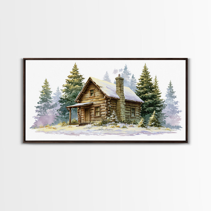 Log Cabin with Snowy Pines Framed Canvas Print, Rustic Art, Farmhouse Decor, Oil Painting, Rustic, Wood Wall Art, RUS-2x1-35