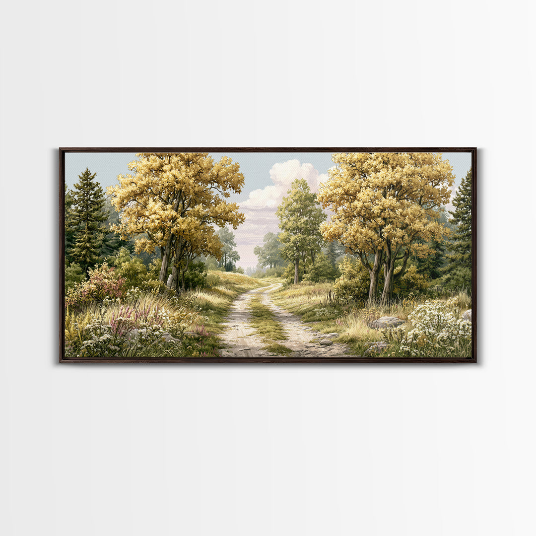 Forest Path with Golden Autumn Leaves Framed Canvas Print, Rustic Art, Modern Decor, Farmhouse Decor, Fine Art, Rustic, RUS-2x1-38