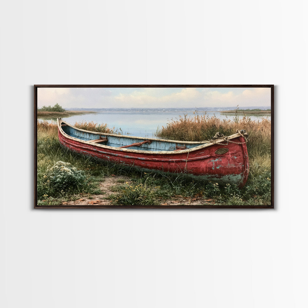 Old Canoe Pulled Onto a Lake Shore Framed Canvas Print, Rustic Art, Home Decor, Farmhouse Decor, Rustic, Living Room Decor, RUS-2x1-40