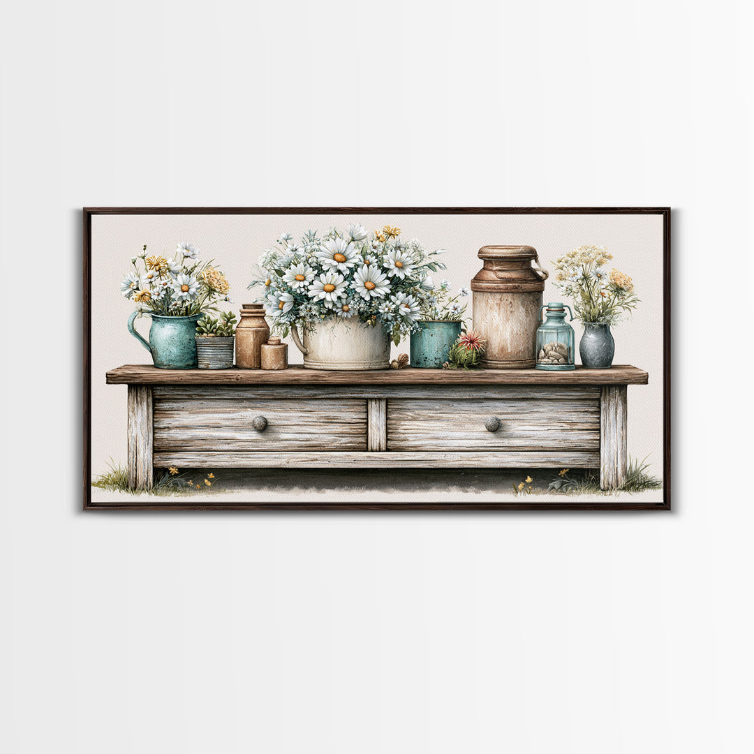 Weathered Barn Wood and Wildflower Still Life Framed Canvas Print, Rustic Art, Digital Art, Farmhouse Decor, Oil Painting, RUS-2x1-45