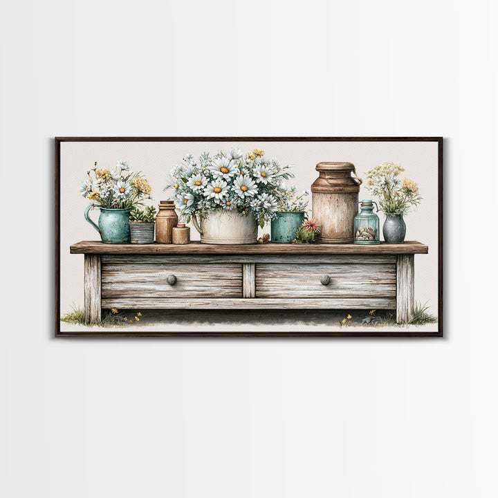 Weathered Barn Wood and Wildflower Still Life Framed Canvas Print, Rustic Art, Digital Art, Farmhouse Decor, Oil Painting, RUS-2x1-45