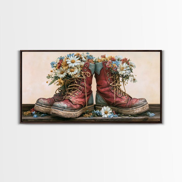 Old Boots Filled Framed Canvas Print, Rustic Art, Minimalist Decor, Farmhouse Decor, Oil Painting, Rustic, Printable Art, RUS-2x1-50